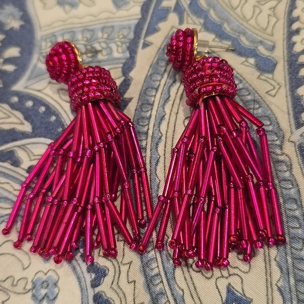 Hot Pink Beaded Tassel Drop Earrings